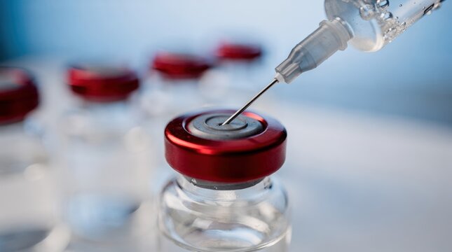 Detailed shot of syringe piercing a vial in a clinical environment, illustrating vaccination process, pharmaceutical production, and healthcare science.