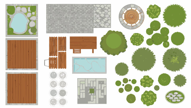 Aerial view of garden elements pools trees patios and landscaping