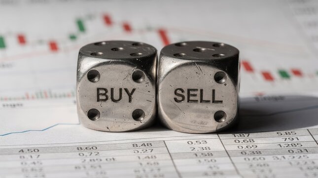 Two metal dice showing buy and sell placed on financial charts, representing trading decisions, risk management, and investment strategy.