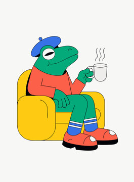 frog with coffee in chair simple but colorful adorable illustration minimal background art print