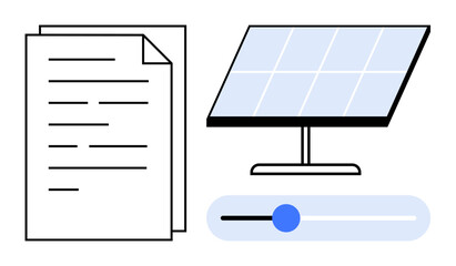 Renewable energy, sustainability, solar power systems, data monitoring, energy usage management, environmental awareness. Documents, solar panel and settings slider. Renewable energy © robu_s