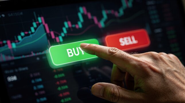 Close-up of a hand pressing a buy button on a digital trading interface, representing financial decisions, stock market activity, and investment strategy.