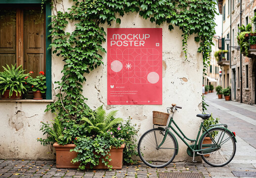 Old Town Street Poster Mockup. Vintage European Street Wall with Bicycle
