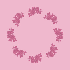 Okrągły wianek z bukietów róż w odcieniach różu na różowym tle — ilustracja wektorowa. Idealna grafika na zaproszenia ślubne, kartki walentynkowe, baby shower, urodziny i projekty dekoracyjne. © Monika