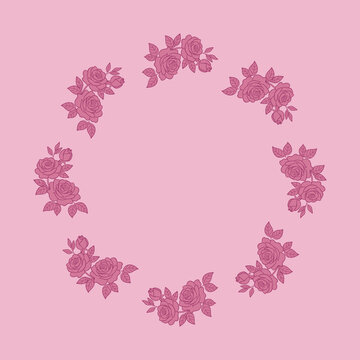 Okrągły wianek z bukiet&oacute;w r&oacute;ż w odcieniach r&oacute;żu na r&oacute;żowym tle &mdash; ilustracja wektorowa. Idealna grafika na zaproszenia ślubne, kartki walentynkowe, baby shower, urodziny i projekty dekoracyjne.