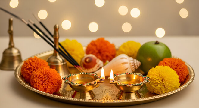 Golden Brass Pooja Thali With Fruit, Marigold, Ghanti, Diya, Deep, Dia, Shankh, Phool, Peda, Laddu, Laddoo And Agarbatti. Used In Navratri, Dussehra Puja, Karva Chauth, Shubh Teej, Ganesh Chaturthi