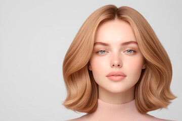 Naklejka premium Blonde bob beauty portrait, Young woman with soft waves, Clean gray background, Natural makeup look, Minimal studio headshot, Modern salon hairstyle, Elegant commercial beauty image, Close up
