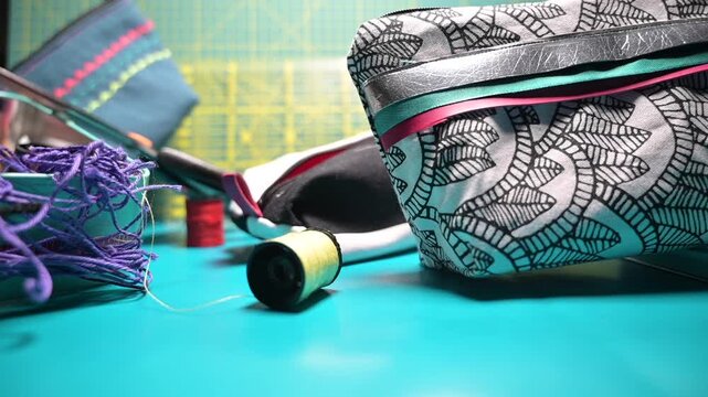 Conceptual video showing colorful sewing pouches of different sizes arranged on a patchwork mat, with a spool of thread moving across the scene. Creative and artistic atmosphere representing handmade 