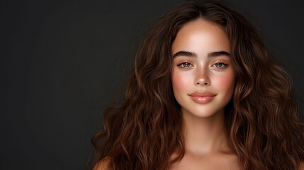 Naklejka premium Young brunette woman portrait, Natural beauty headshot, Long textured waves, Dark neutral background, Clean skincare makeup, Minimal studio composition, Fashion model close up, Warm elegant expression