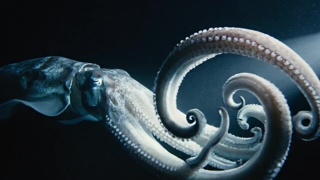Octopus swimming in deep dark ocean environment