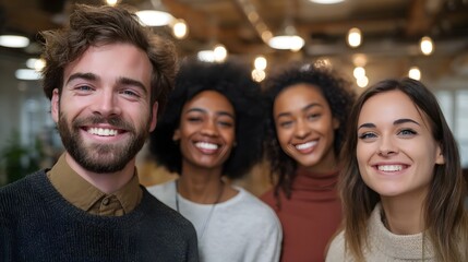 Fototapeta premium A diverse group of young friends smiling genuinely together in a modern well lit collaborative environment
