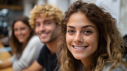 Obraz premium Three happy young adults sharing a genuine moment of connection and collabo n in a bright modern workspace