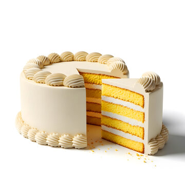 A layered yellow cake with white frosting, sliced to reveal its interior
