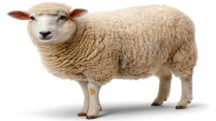 Fototapeta premium Fluffy sheep stands isolated against a clean white background.