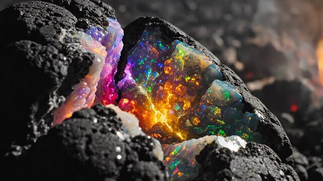 A shimmering opal gemstone inside rough dark rock formation