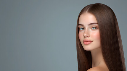 Naklejka premium Straight brown hair woman portrait, Glossy long hairstyle, Natural beauty female model, Smooth skin close up, Minimal studio background, Clean aesthetic look, Professional beauty shot