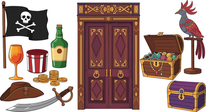 Set of Pirate-Themed Illustrations Including Pirate Flag, Treasure Chest, Sword, Parrot, and Alcohol for Adventure, Fantasy, and Game Designs