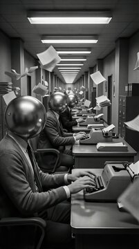 Man with metal sphere head typing on typewriter in office. Surrealistic concept of mind control and brainwashed worker. Bureaucracy and monotonous labor in corporate environment.