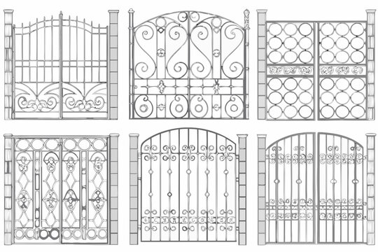 Detailed illustration of six ornate wrought iron gate designs