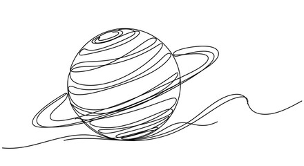 Abstract Saturn planet drawing with ring and wavy lines, continuous line art © Ahmad