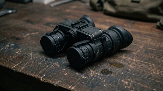 Rugged Night Vision Goggles on Weathered Wooden Table Ready for Covert Operations in Dim Light.