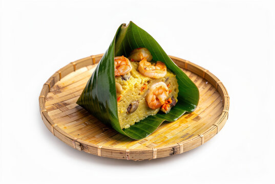 Abar&aacute; Brazilian Dish on Bamboo Plate 35 Degree Angle Isolated on White Background Studio Shot
