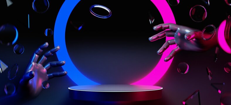 3d illustration rendering of y2k 2000s hand arm gaming technology futuristic fantasy metaverse cyberpunk sci-fi display podium pedestal stage room abstract background in neon-glow