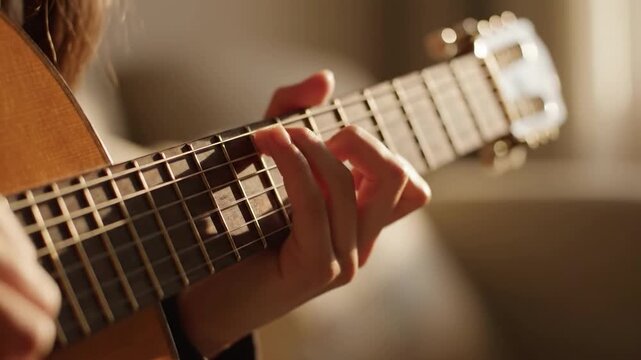 A person plays an acoustic guitar, fingers pressing strings on the fretboard in a cozy setting.