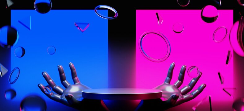 3d illustration rendering of y2k 2000s hand arm gaming technology futuristic fantasy metaverse cyberpunk sci-fi display podium pedestal stage room abstract background in neon-glow