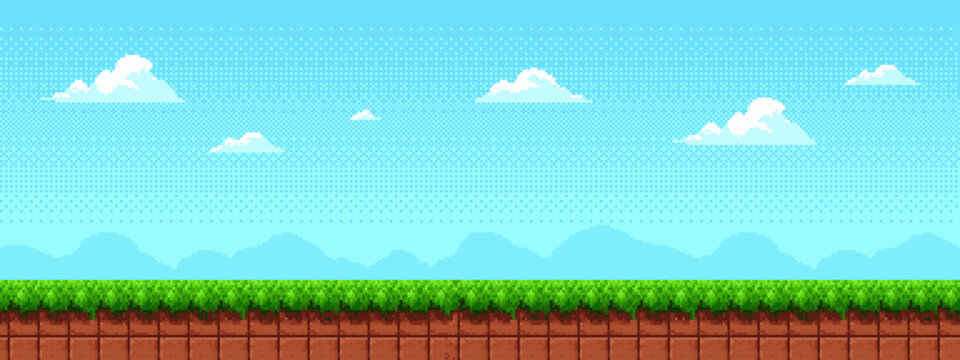Pixel art landscape with blue sky and green grass. Retro 8-bit game background with clouds and mountains. Y2k digital environment for classic platformer video game level design interface.