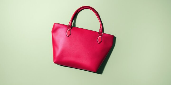 Red leather handbag lying flat on pale green background