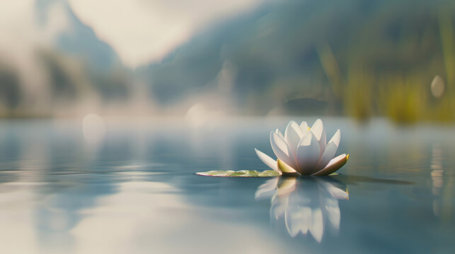 A lotus flower rests on the surface of still water. The background shows blurred green vegetation and soft light