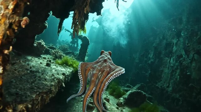 Octopus swimming in underwater tunnel illuminated by sunlight