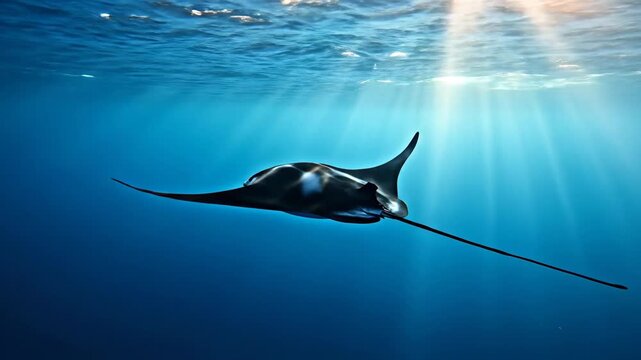 Graceful manta ray swimming gracefully underwater in the ocean