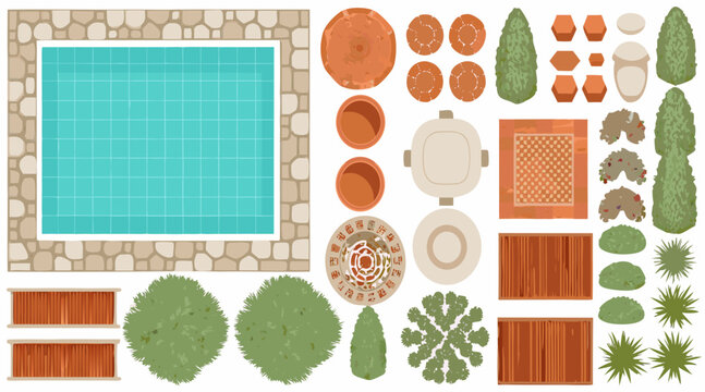 Aerial view of a backyard patio with pool plants and furniture
