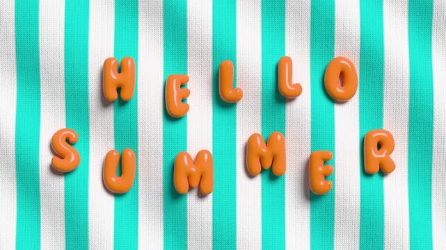 3D animation of glossy orange inflated bubble letters HELLO SUMMER scattered and swaying in the wind together with a teal and white striped textile background. Playful summer motion loop concept.