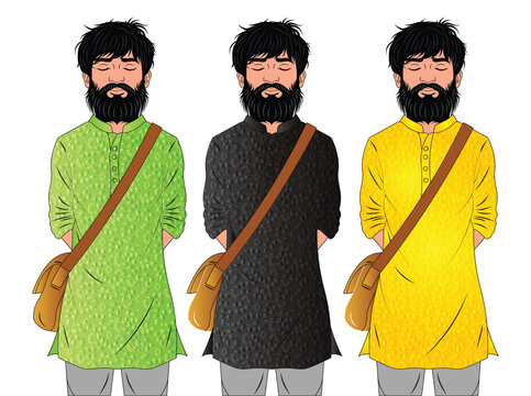 Bengali Man in Traditional Kurta with Side Bag Kolkata West Bengal Character Vector Illustration