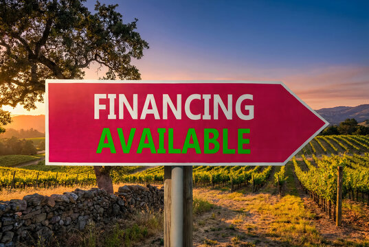 Financing available sign at sunset in vineyard landscape with golden hour