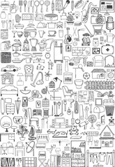 Naklejka premium Extensive collection of black and white household objects and items doodles