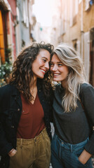 Fototapeta premium Two young women smiling and walking together in cozy urban street setting capturing friendship and positive lifestyle moment ideal for social, diversity and connection themes