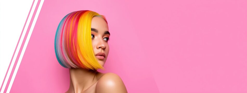Young chuvash woman with bright geometric bob haircut posing on pink background with minimal graphic lines and clean composition Concept of modern design