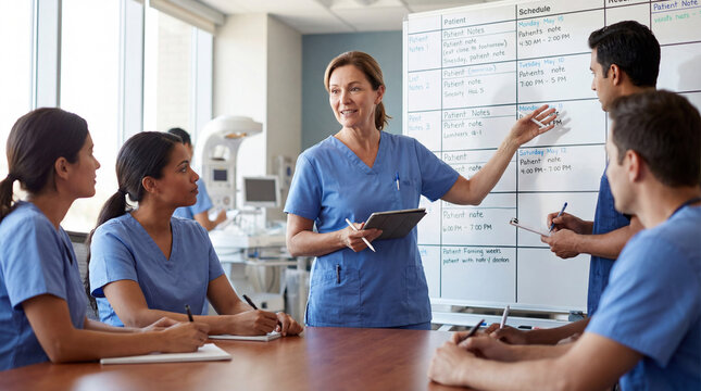 Healthcare team discussing patient care in hospital meeting room  