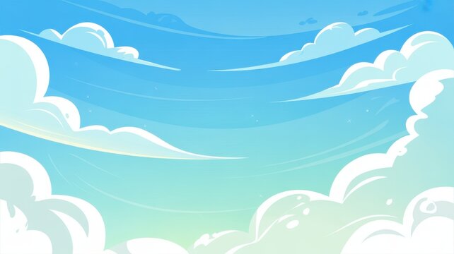 A bright cartoon sky background with fluffy white clouds and blue gradient