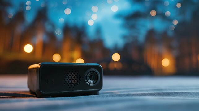 A mini projector shows clear images at night during a gathering with warm lights creating a cozy atmosphere in the background