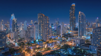 Fototapeta premium Night skyline of modern skyscrapers with city lights and illuminated towers in Bangkok