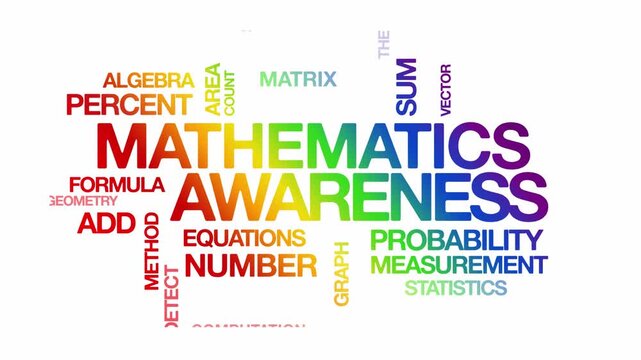 mathematics awareness concept Animated Tag Word Cloud kinetic typography, Text Design Animation typography seamless loop video motion graphics Intro Wordart rainbow type on white background backdrop b