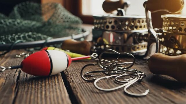 Fishing gear on a rustic wooden table