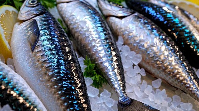Fresh mackerel fish displayed on ice with lemon slices. Seafood market atmosphere creates vibrant culinary experience. Perfect for food and cooking projects.
