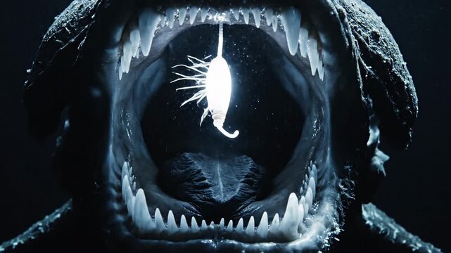 Open Mouthed Deep Sea Predator with Prey in Dark Waters