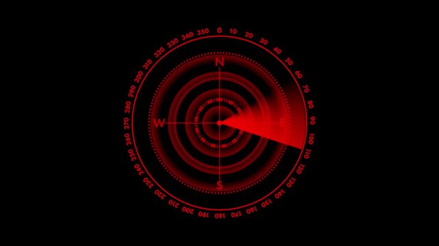Red HUD radar screen with rotating sonar scanning beam on black background.